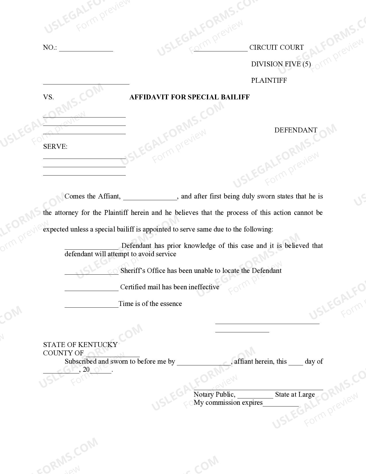 Kentucky Affidavit for Special Bailiff US Legal Forms