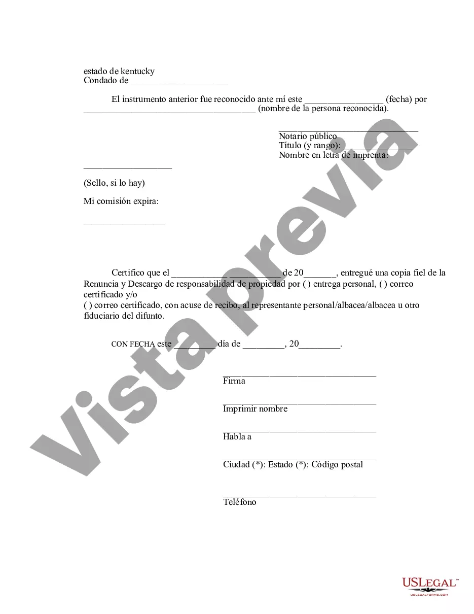 Preview Kentucky Renuncia y Descargo de Responsabilidad de Intereses de Bienes Inmuebles