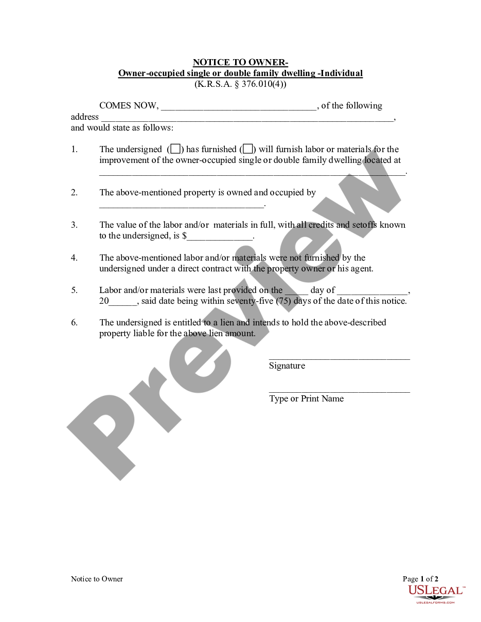 form Notice to Owner - Owner Occupied Single or Double Family Dwelling - Individual preview
