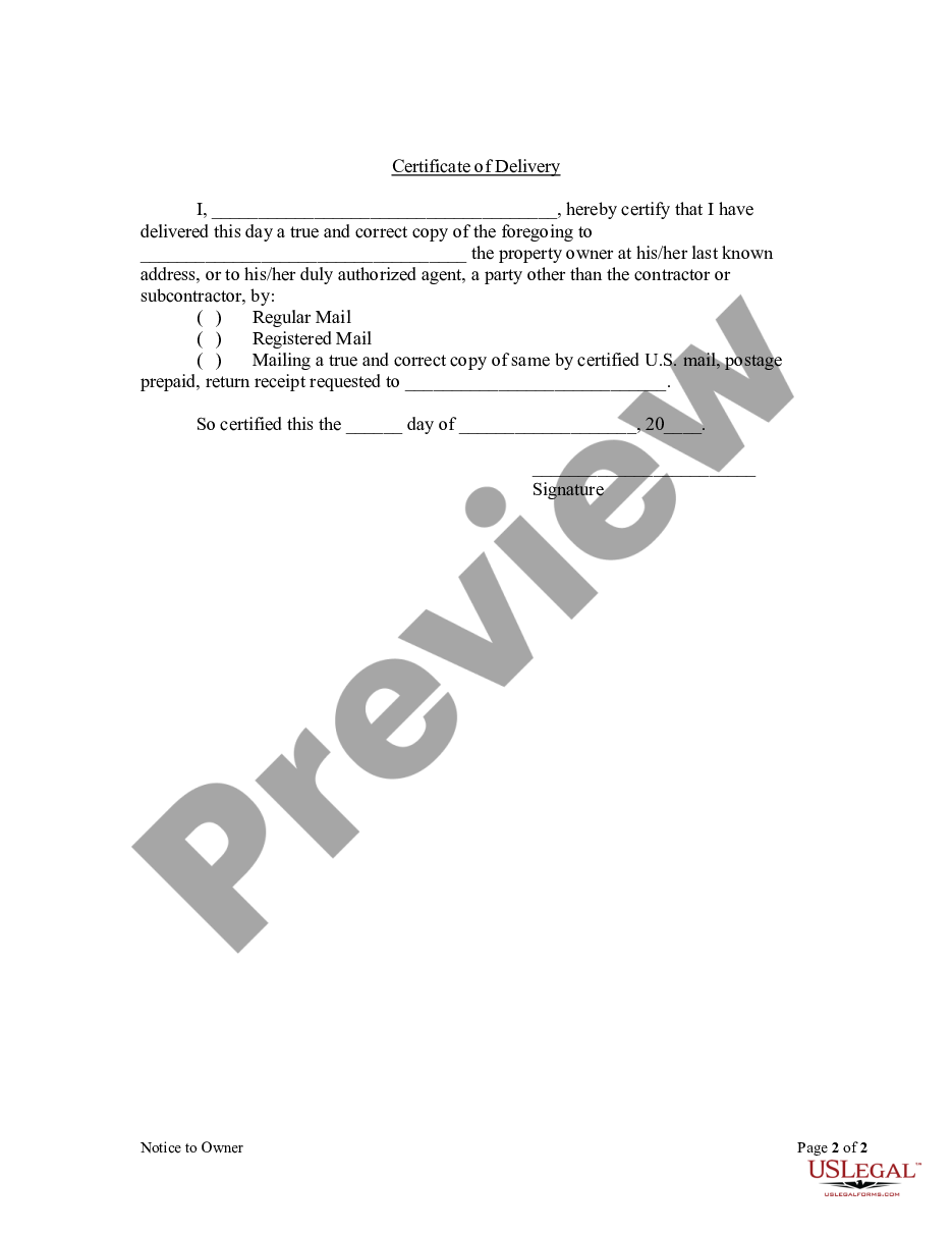 page 1 Notice to Owner - Owner Occupied Single or Double Family Dwelling - Individual preview