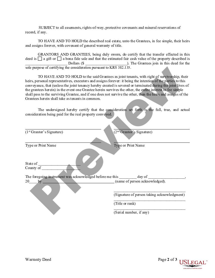 Louisville Kentucky Warranty Deed From Two Individuals To Husband And Wife Us Legal Forms 2050