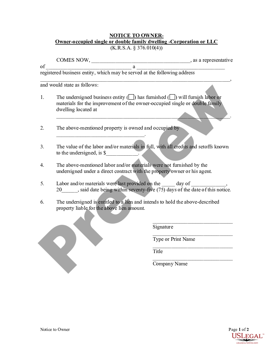 form Notice to Owner - Owner Occupied Single or Double Family Dwelling - Corporation or LLC preview