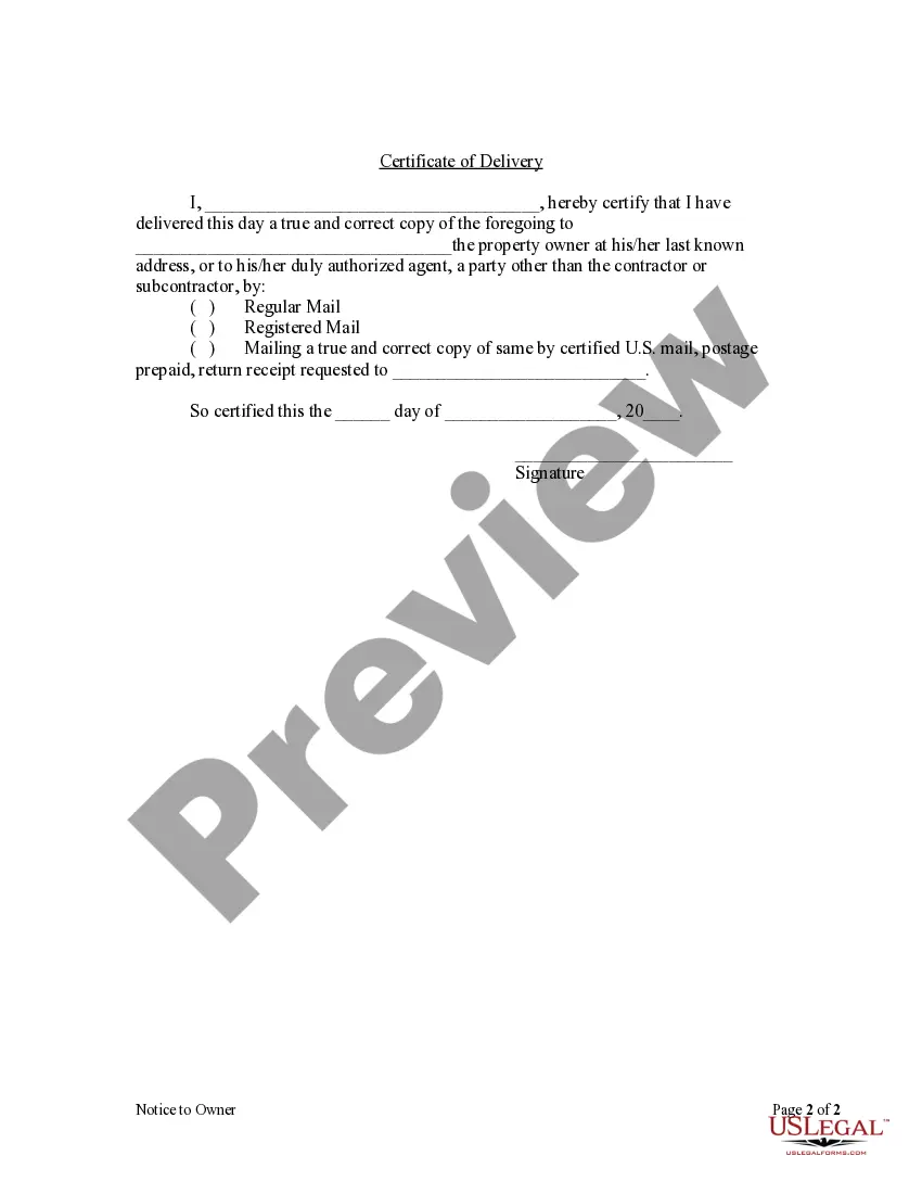 Preview Notice to Owner - Owner Occupied Single or Double Family Dwelling - Corporation or LLC