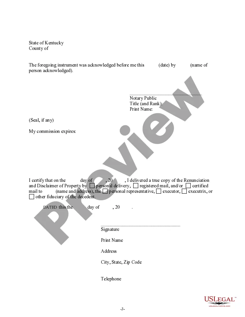 Preview Kentucky Renunciation and Disclaimer of Property received by Intestate Succession