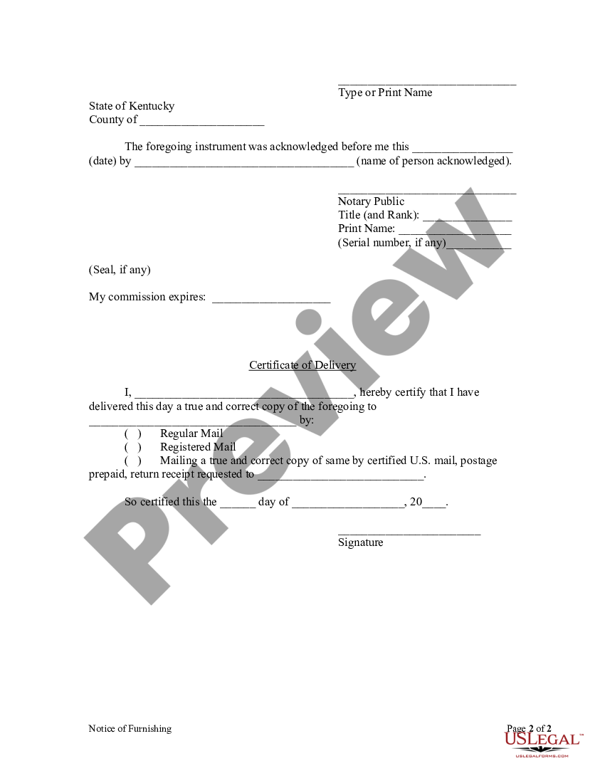 Kentucky Notice Of Furnishing Professional Individual Us Legal Forms 1993