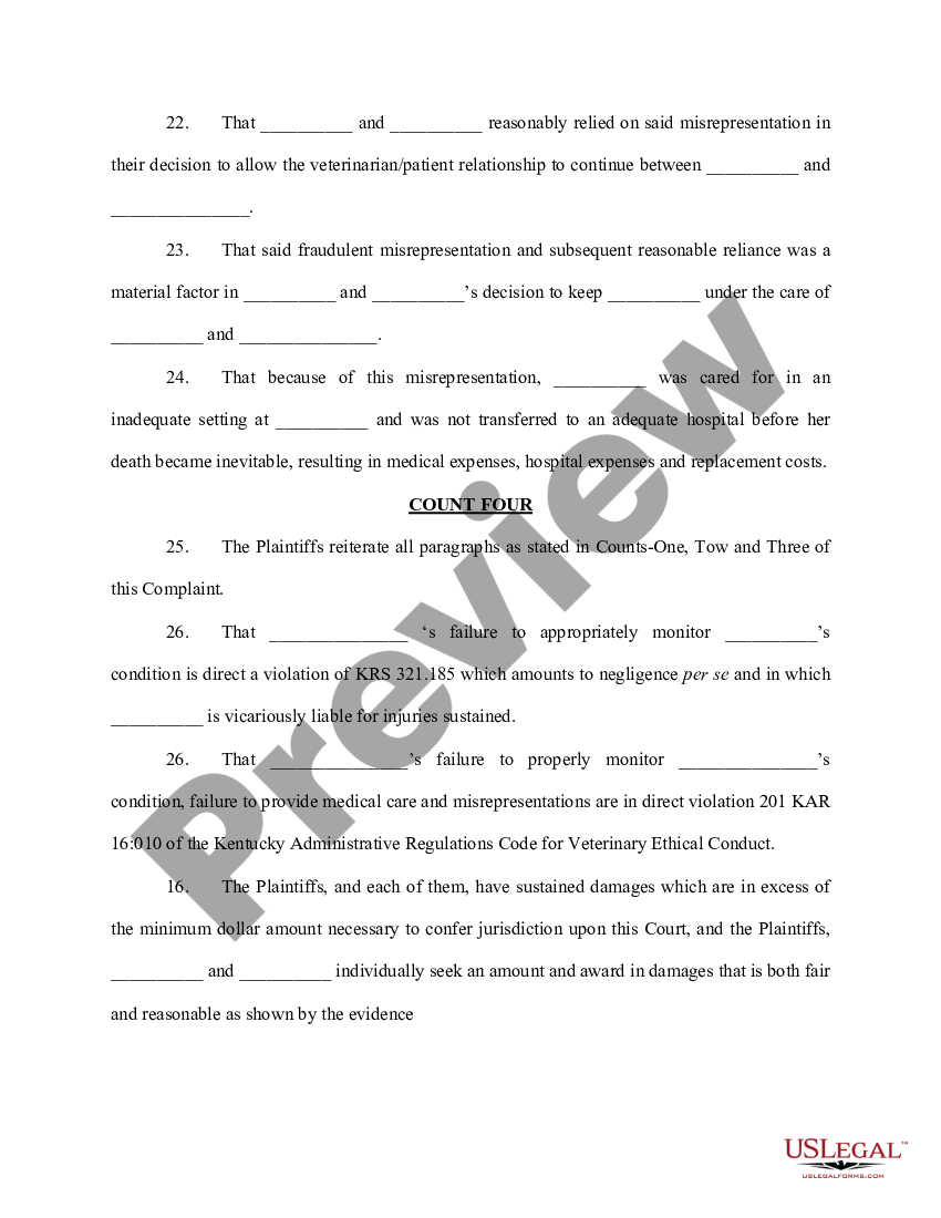 Kentucky Complaint- Veterinarian Malpractice | US Legal Forms