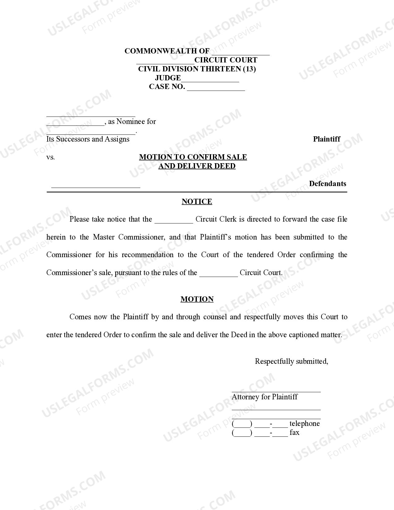 Kentucky Motion to Confirm Sale And Deliver Deed US Legal Forms