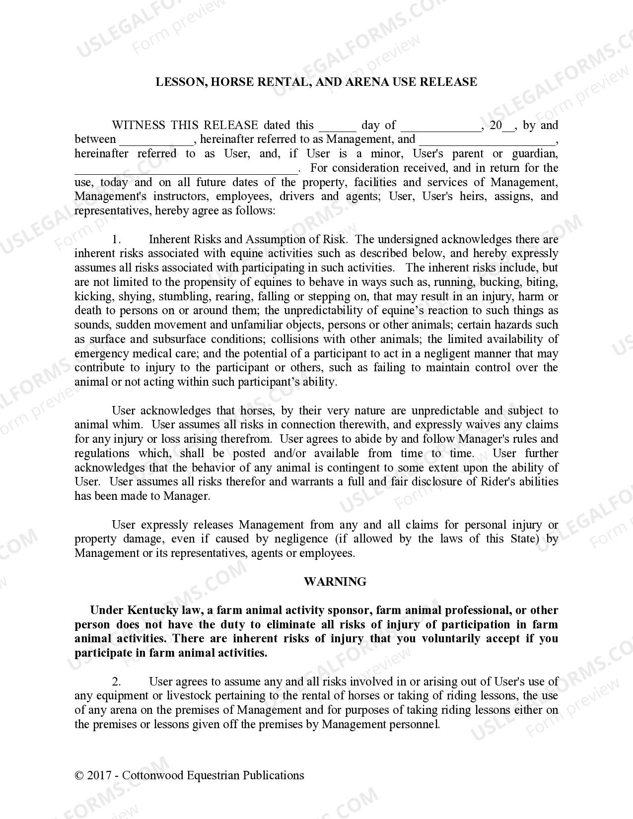 Kentucky Lesson, Horse Rental or Lease, and Arena Use Release Horse