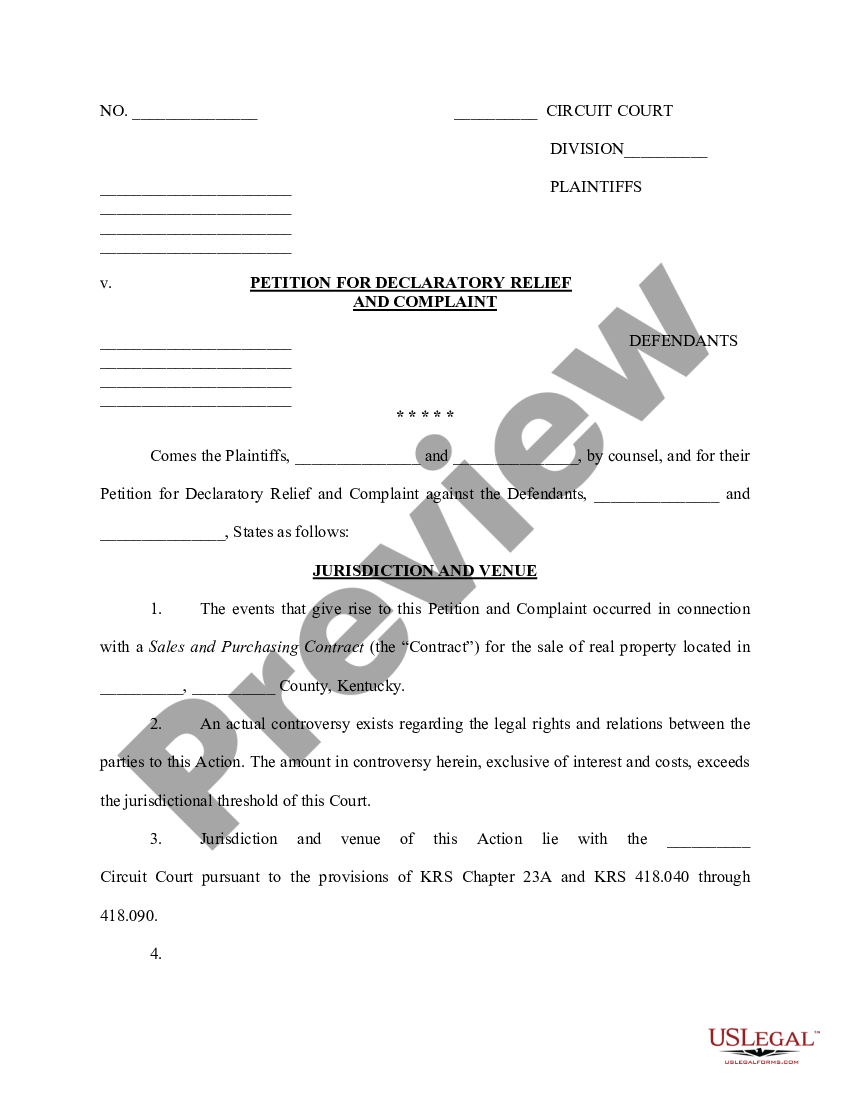 Kentucky Petition for Declaratory Relief and Complaint | US Legal Forms