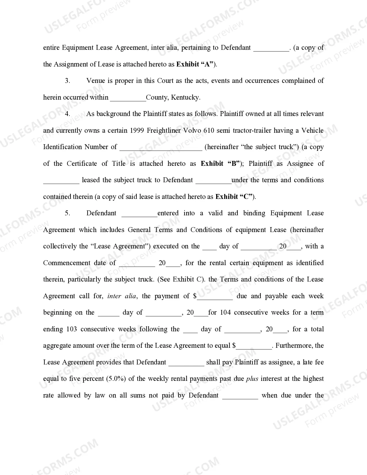 Preview Complaint- Equipment Lease Agreement