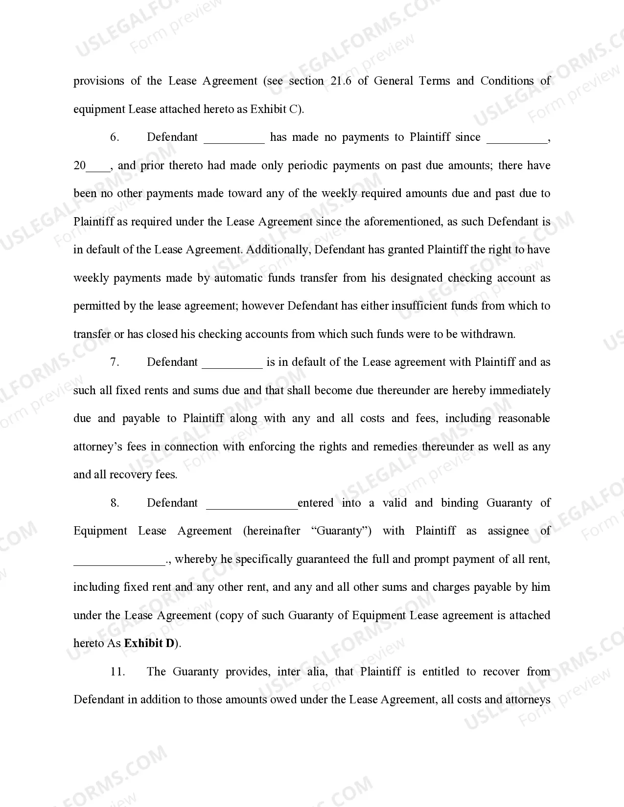 Preview Complaint- Equipment Lease Agreement