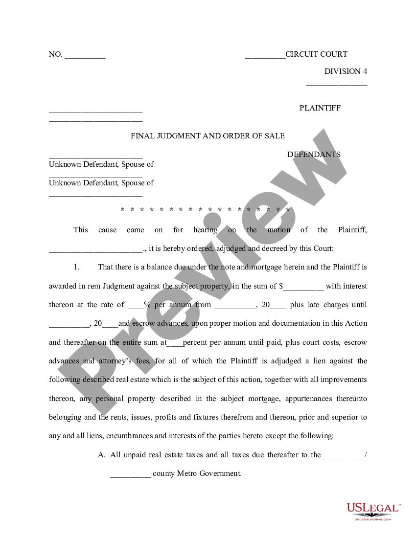 Kentucky Final Judgment and Order of Sale | US Legal Forms