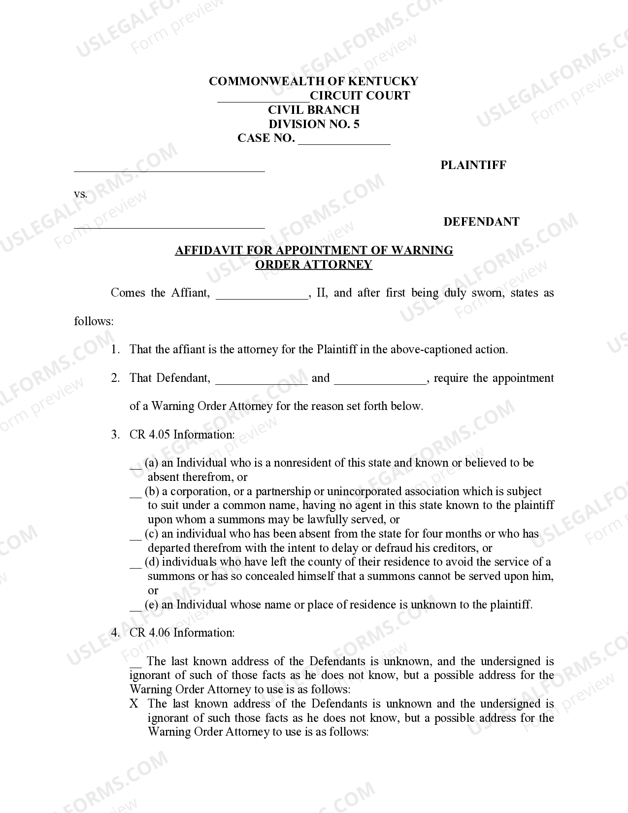 Kentucky Affidavit for Appointment of Warning Order Attorney Warning