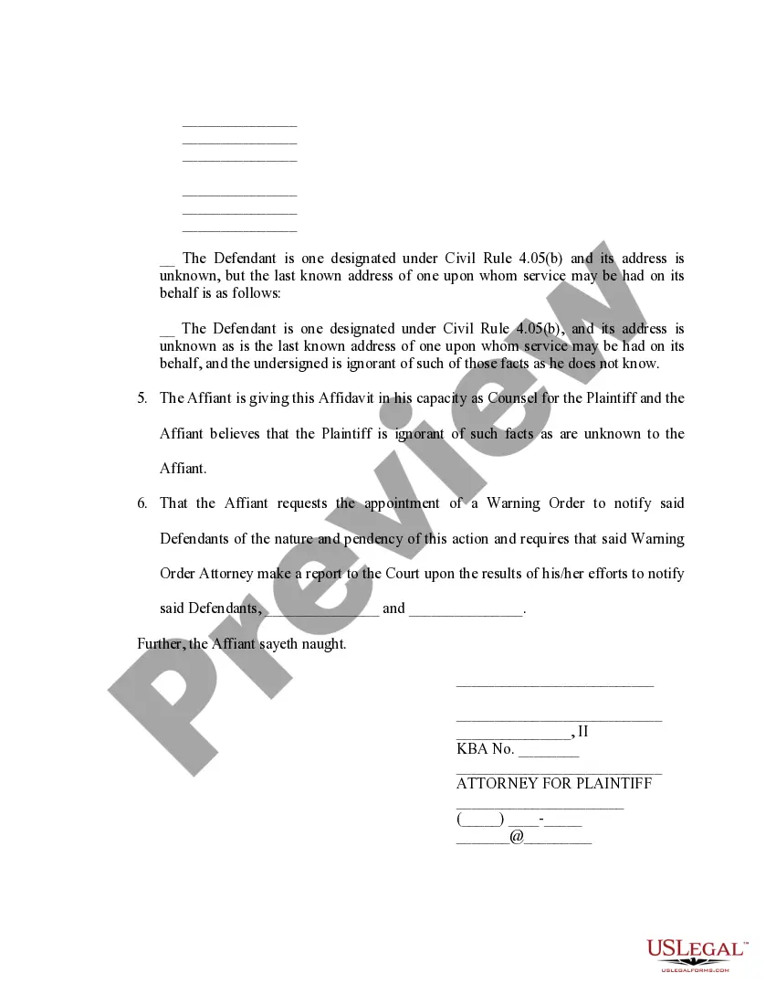 Preview Affidavit for Appointment of Warning Order Attorney