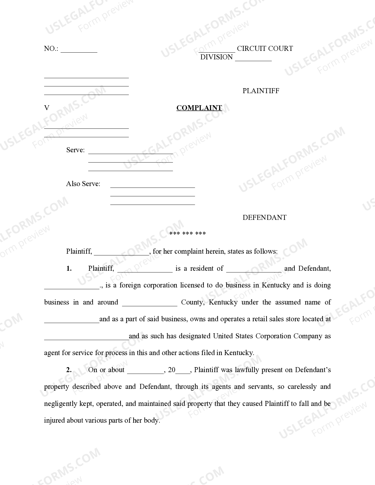 Kentucky Personal Injury Complaint US Legal Forms