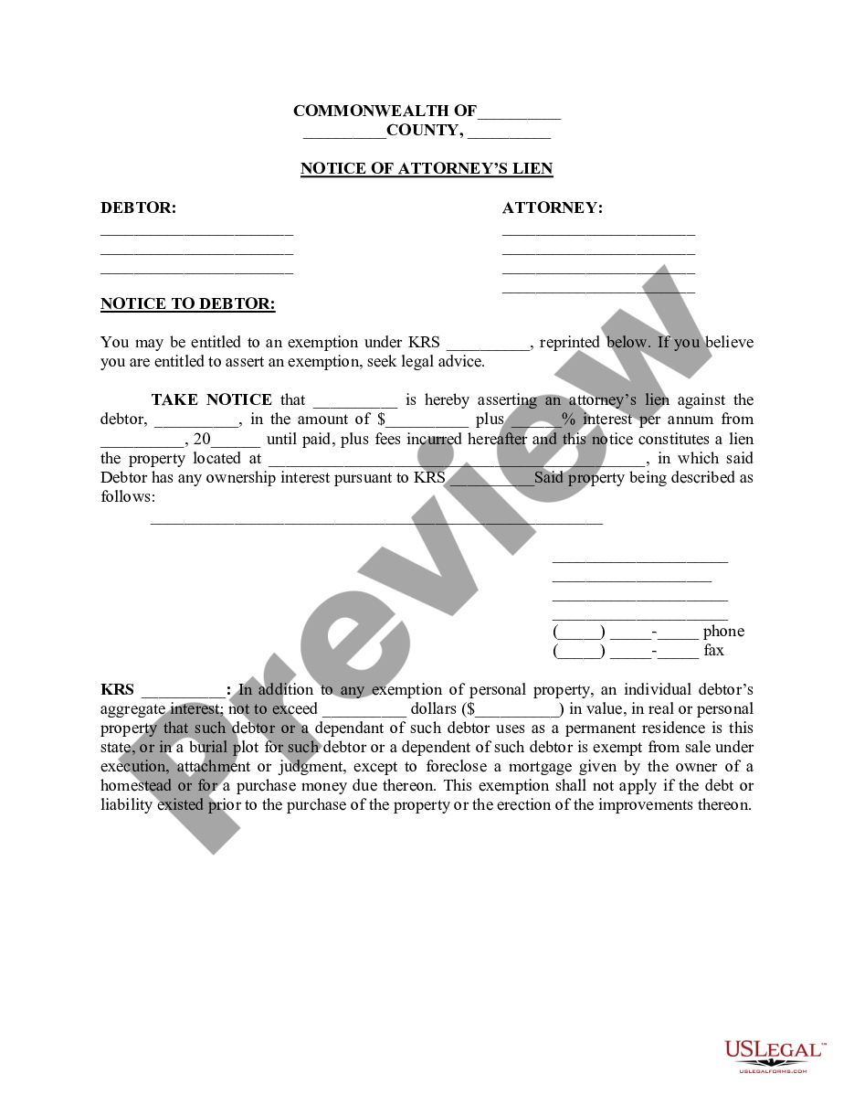Louisville Kentucky Notice Of Attorneys Lien Us Legal Forms 8935