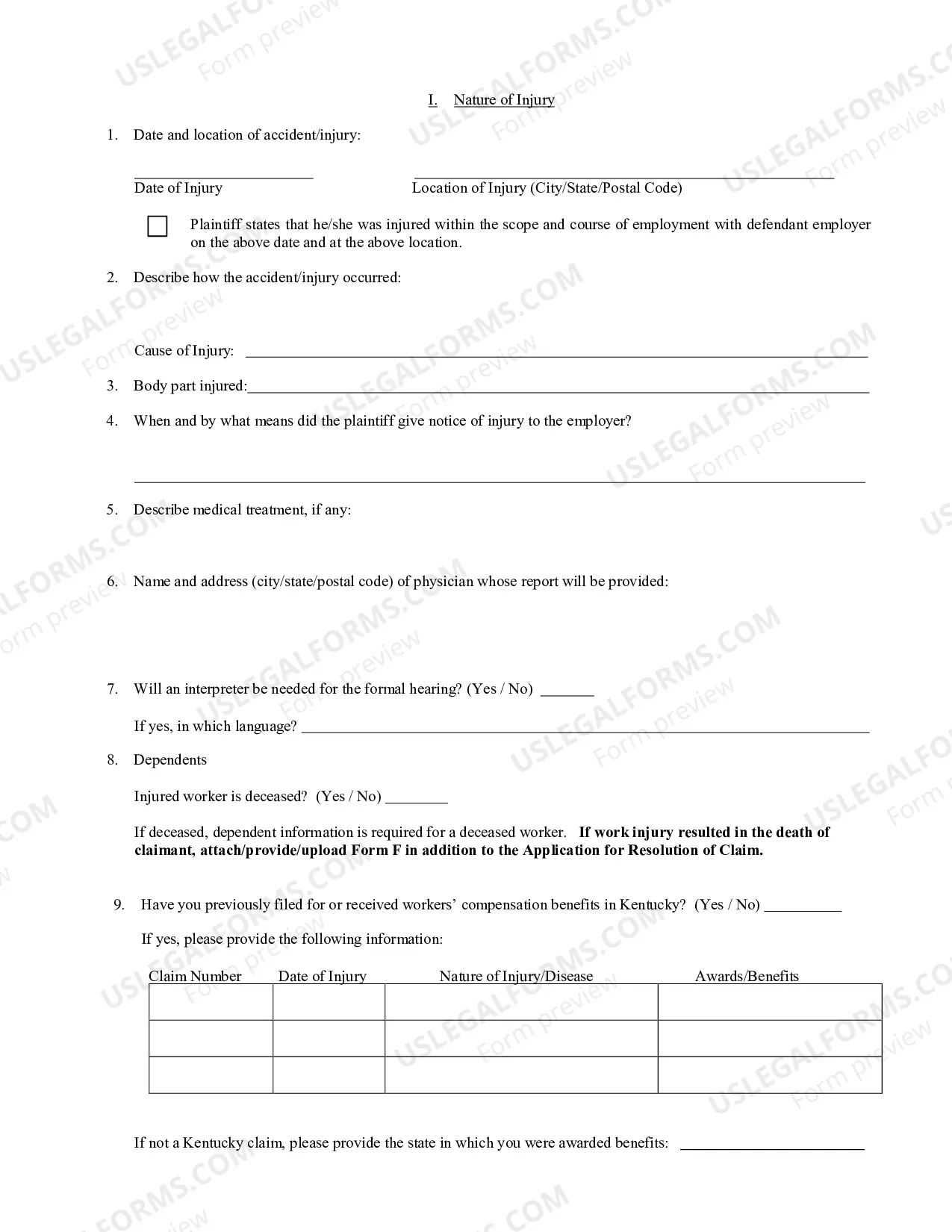 Preview Application for Resolution of Injury Claim