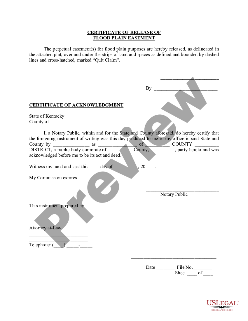 Kentucky Certificate of Release of Flood Plain Easement | US Legal Forms