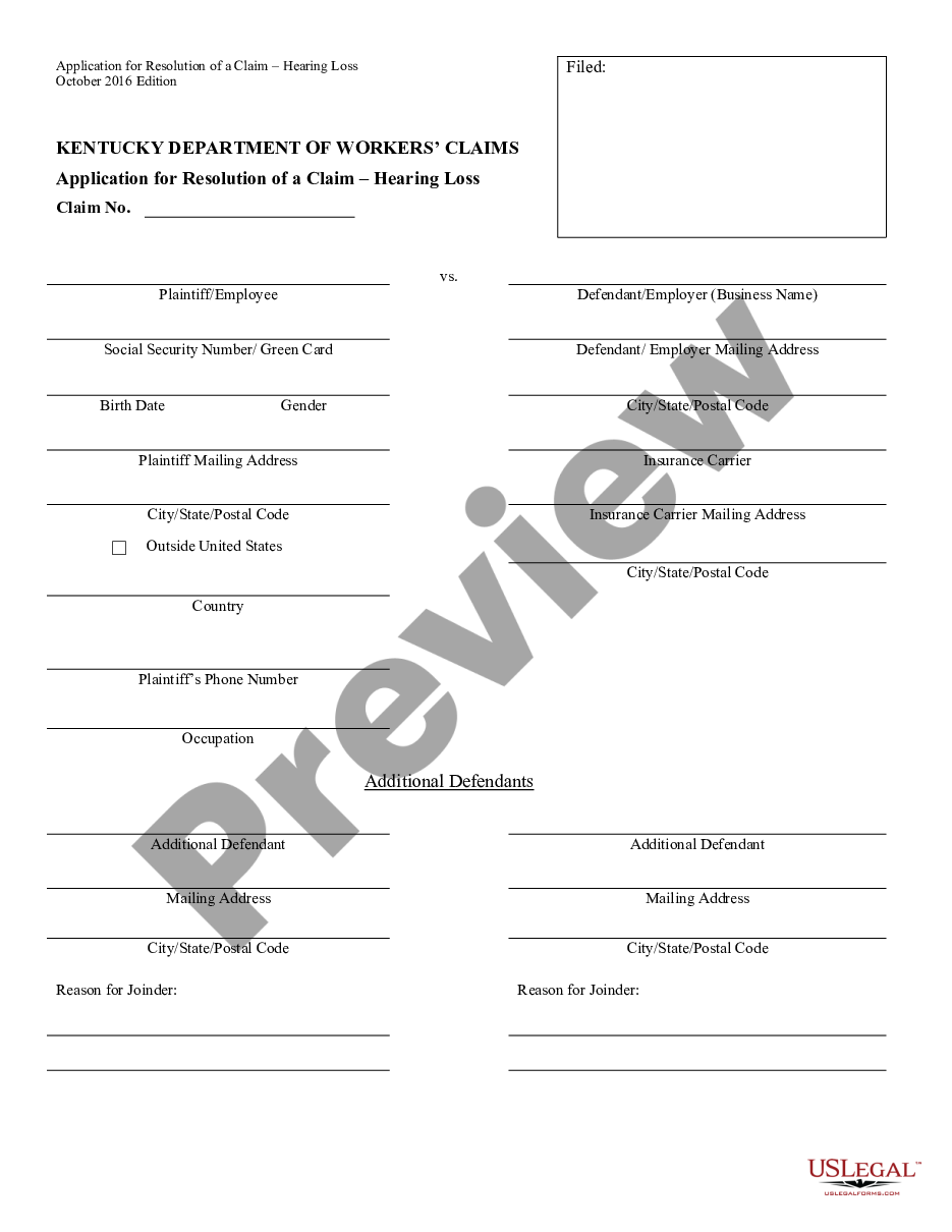 form Application for Resolution of Hearing Loss Claim - Kentucky preview
