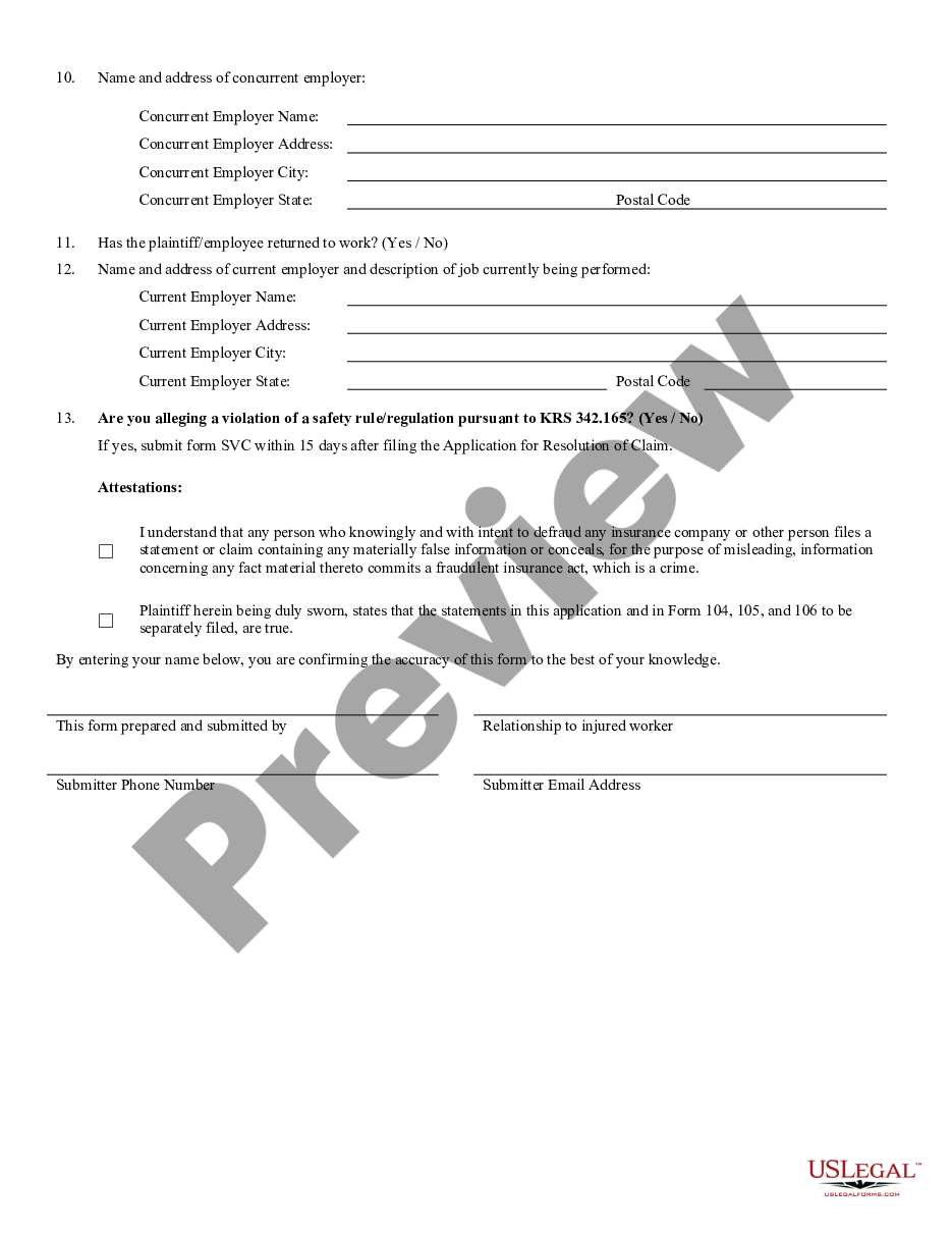 page 2 Application for Resolution of Hearing Loss Claim - Kentucky preview