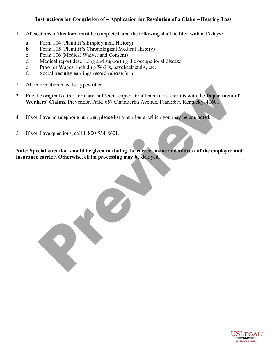 page 3 Application for Resolution of Hearing Loss Claim - Kentucky preview