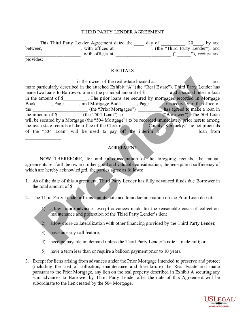 louisville-kentucky-third-party-lender-agreement-us-legal-forms