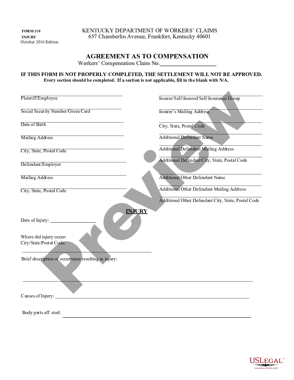 page 0 Agreement as to Compensation - Kentucky preview