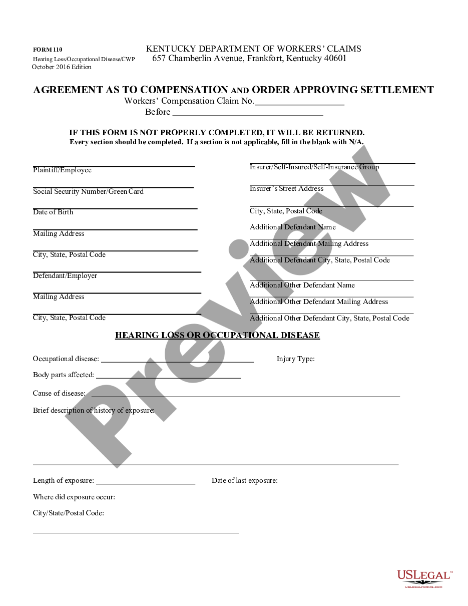 form Agreement as to Compensation - Kentucky preview