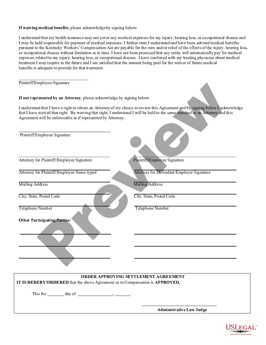 form Agreement as to Compensation - Kentucky preview