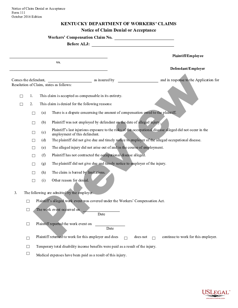 form Notice of Claim Denial or Acceptance Injury and HL preview
