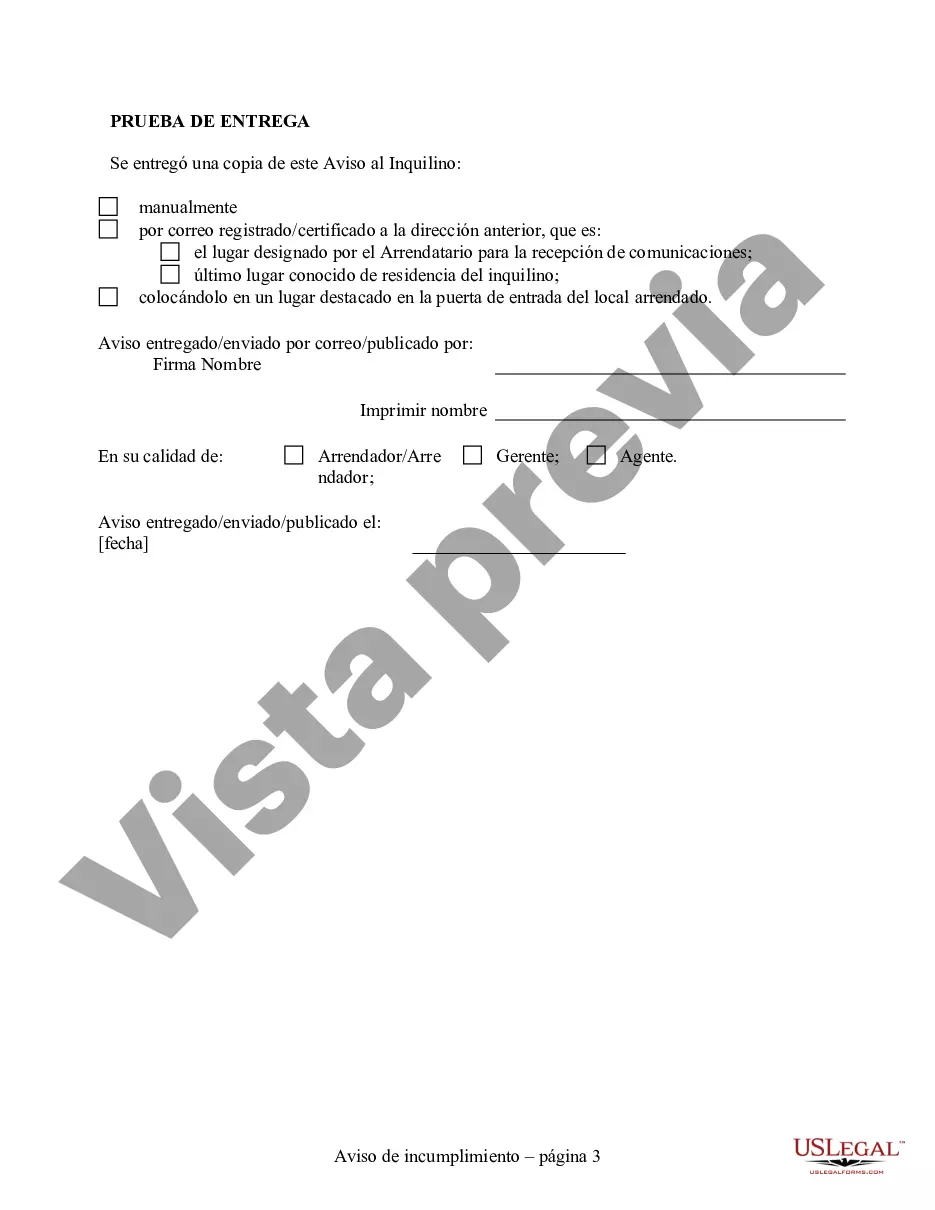 Preview Aviso de 14 días de incumplimiento material del contrato de arrendamiento o alquiler - Residencial - 15 días para subsanar