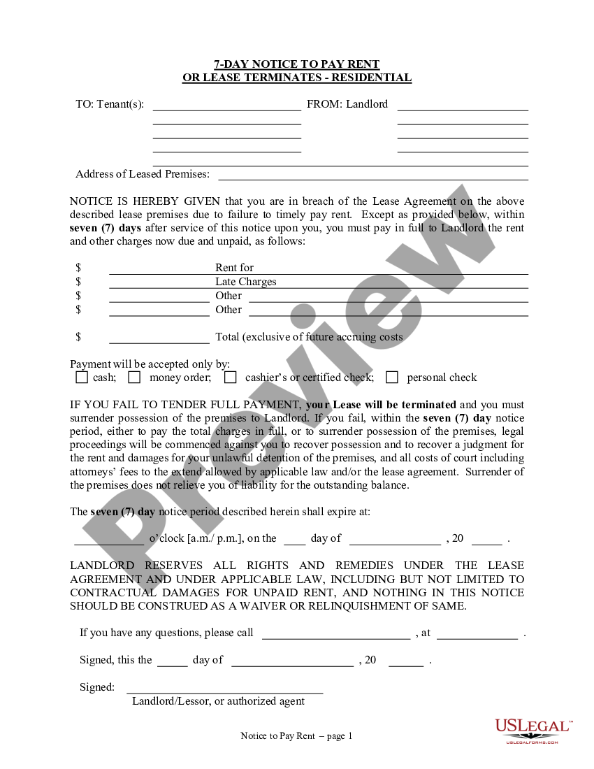 Kentucky 7 Day Notice to Pay Rent or Lease Terminates - Pay Rent Lease ...