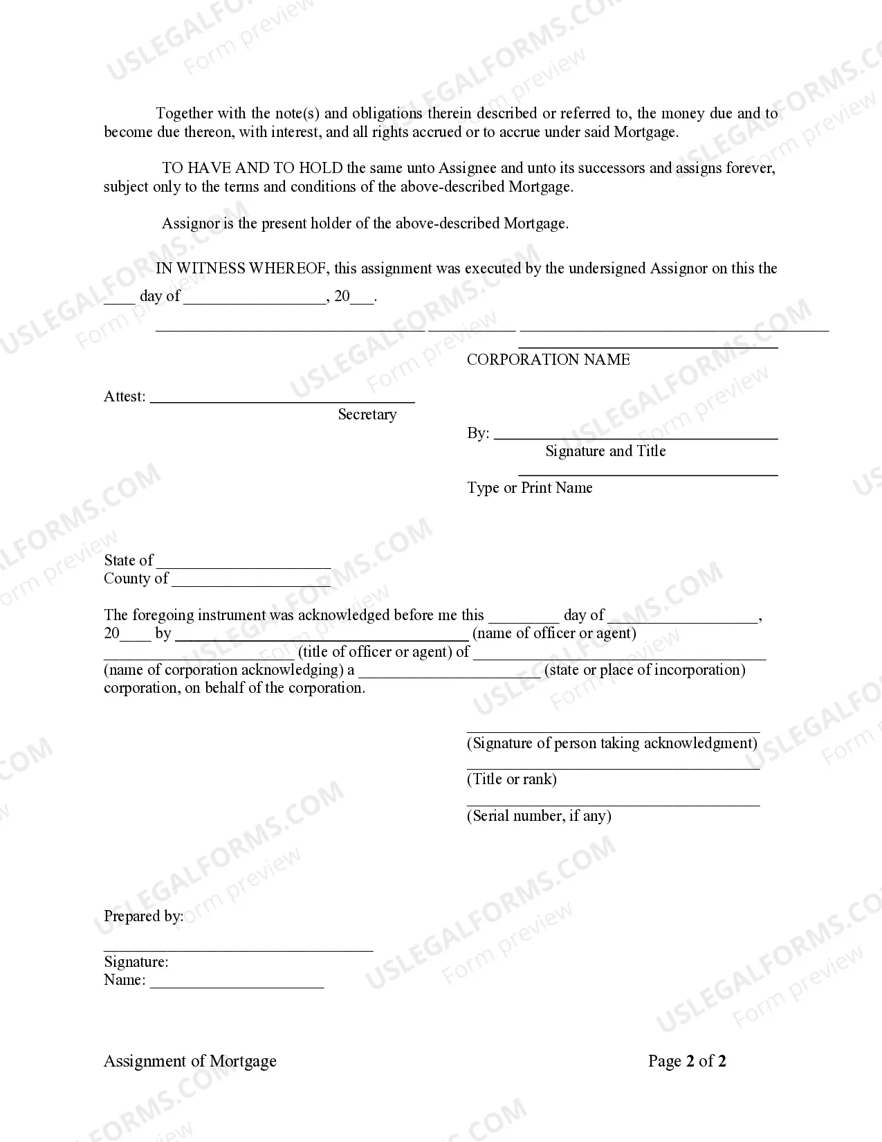 Preview Assignment of Mortgage by Corporate Mortgage Holder