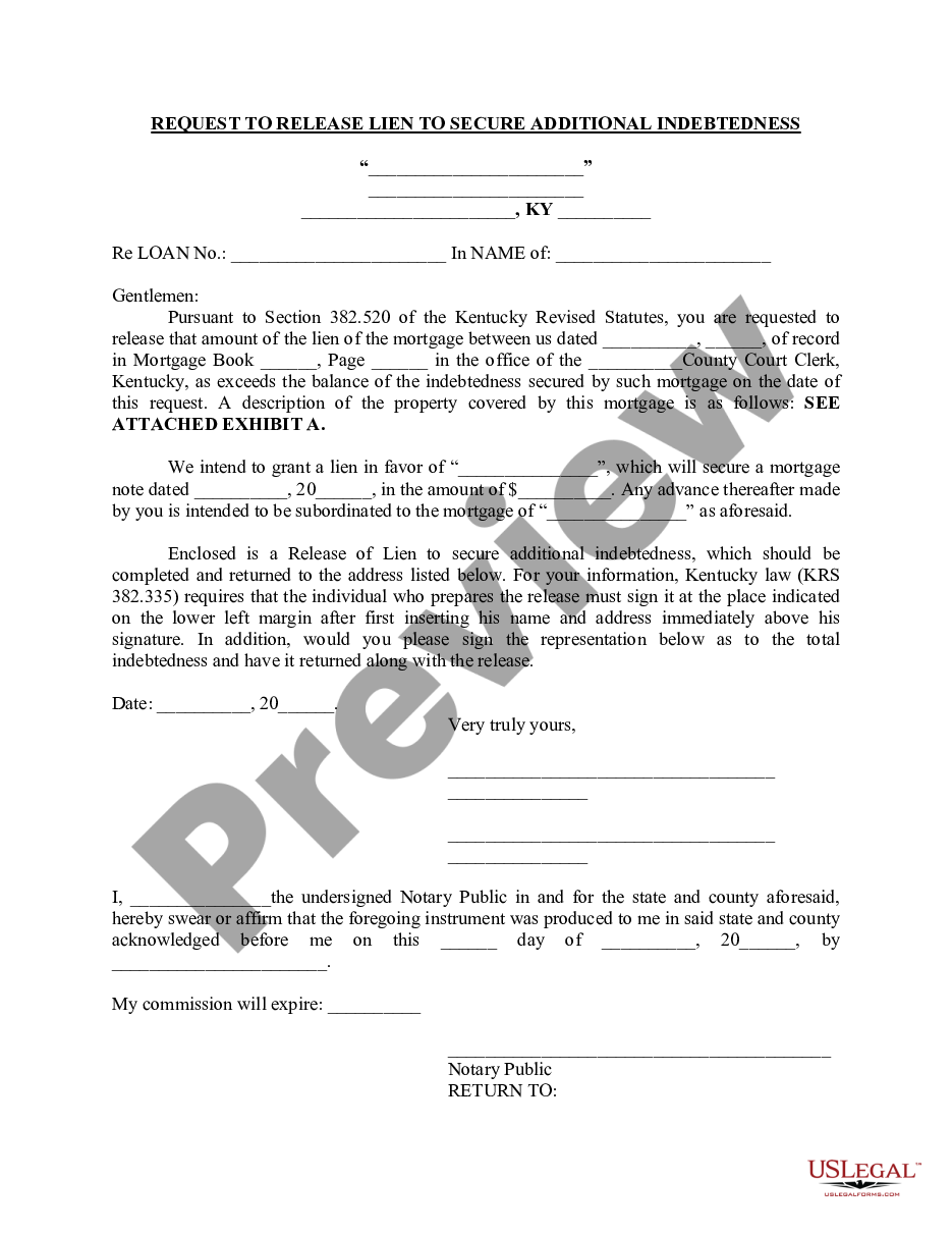 Kentucky Request To Release Lien To Secure Additional Indebtedness Us Legal Forms 8737