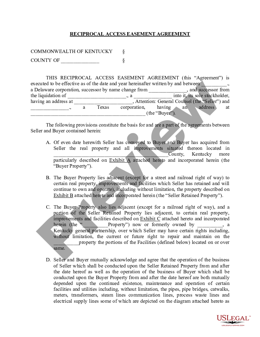 Kentucky Reciprocal Access Easement Agreement | US Legal Forms