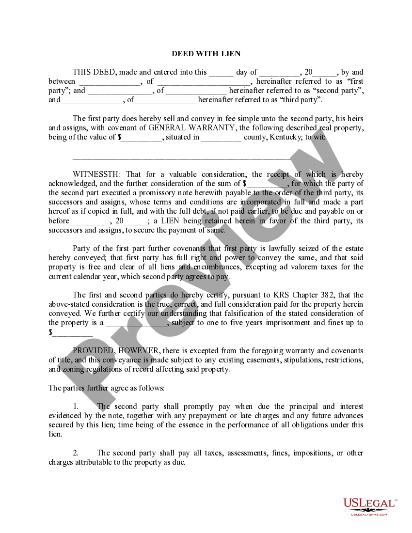 Kentucky Deed With Lien Contract For Deed Ky With Credit Card Liens
