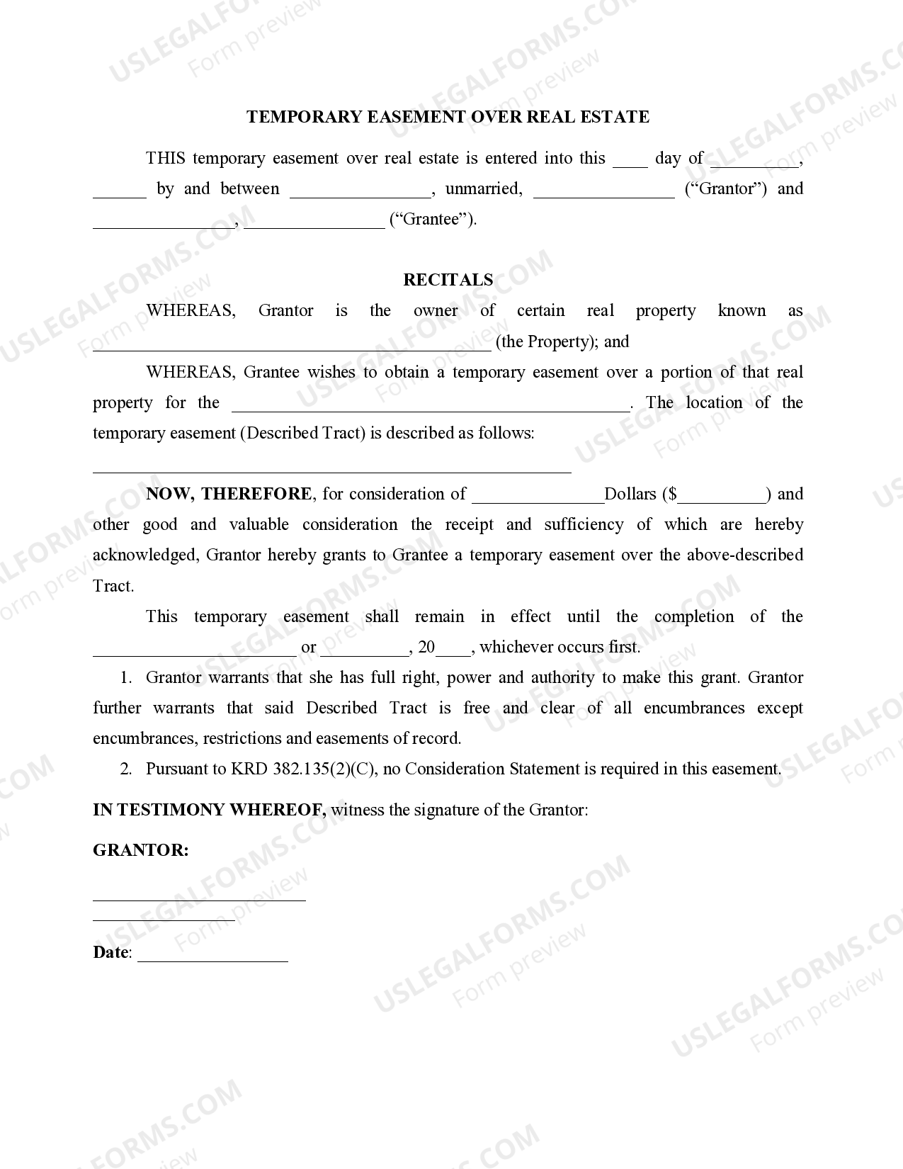 Kentucky Temporary Easement Over Real Estate Temporary Easement US