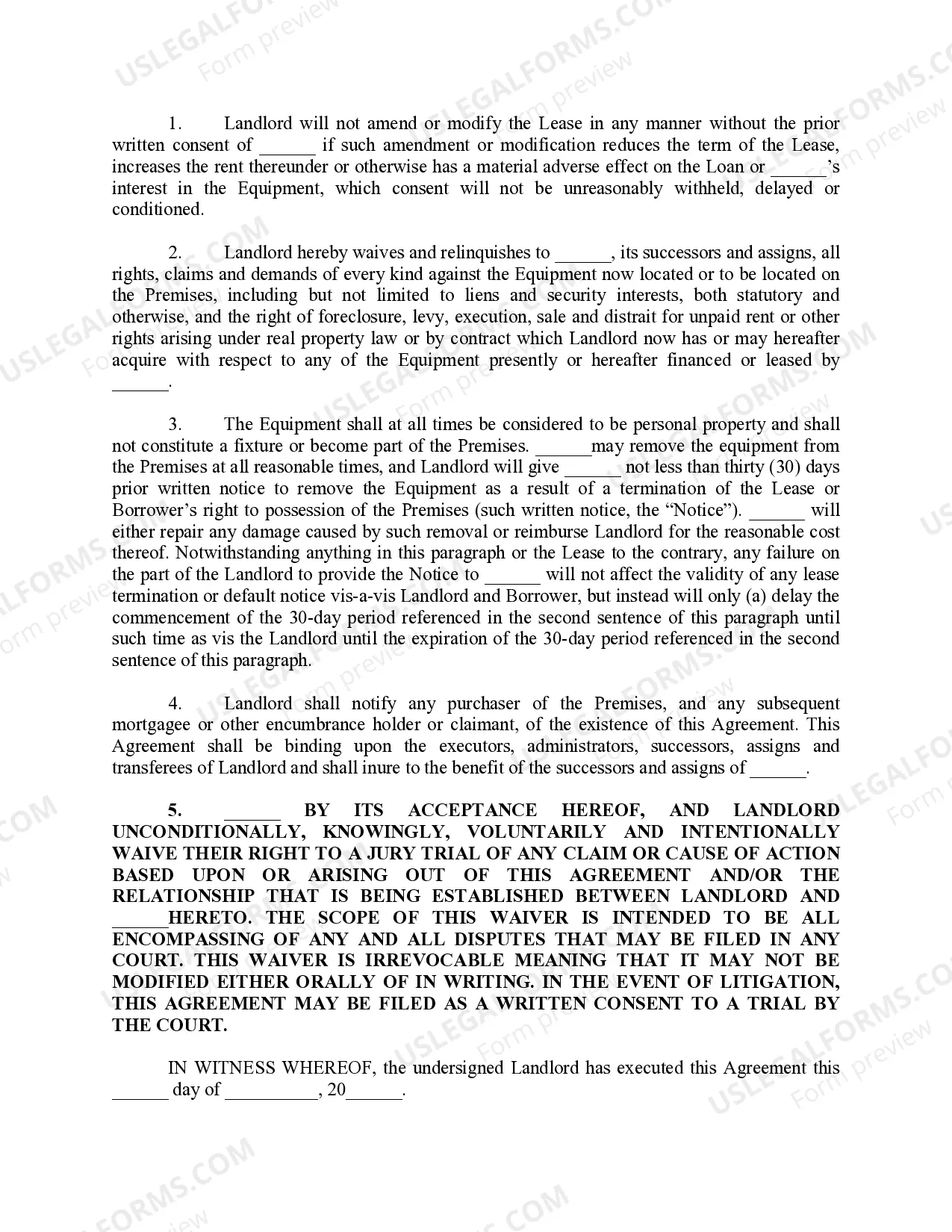 Preview Landlord's Agreement Regarding Equipment