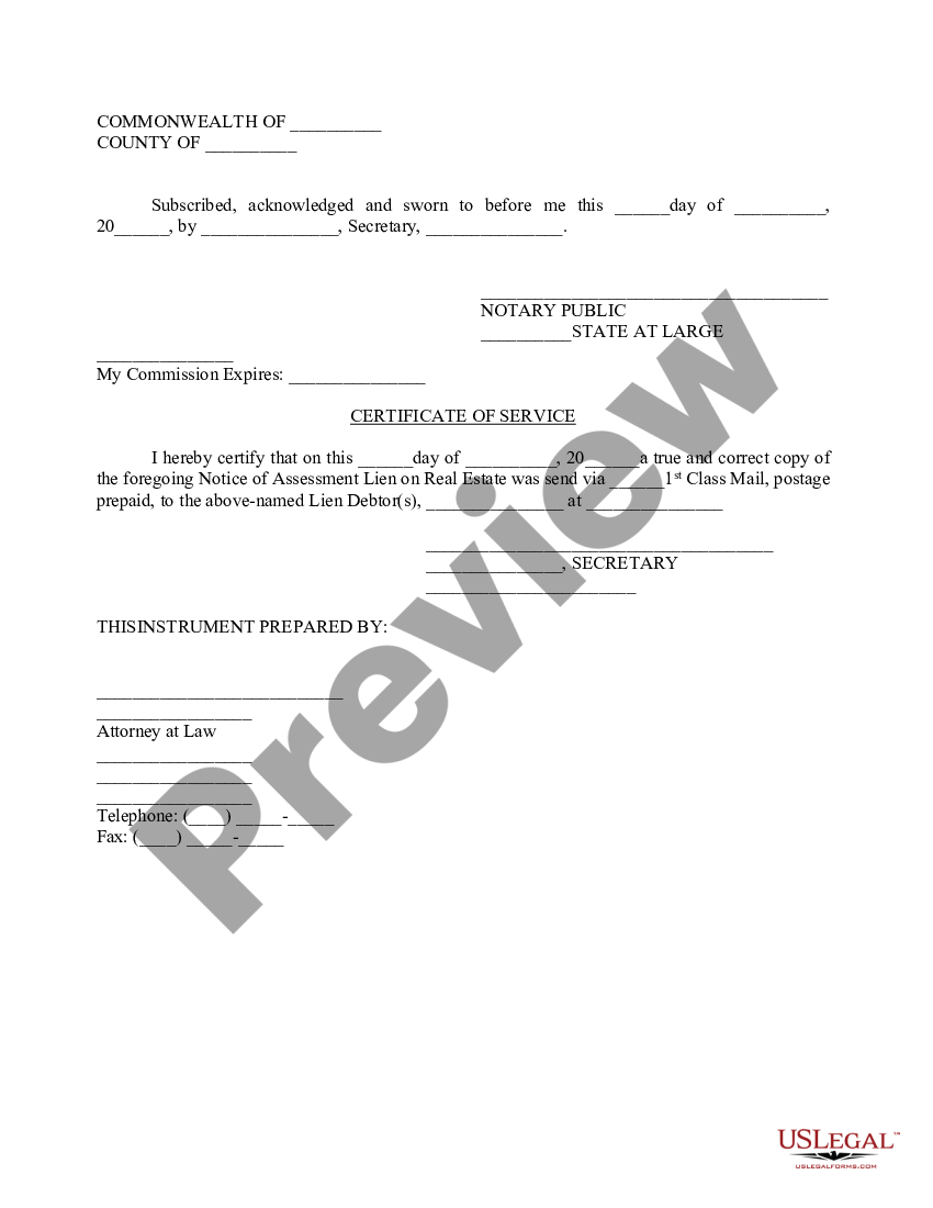 Kentucky Notice of Assessment Lien on Real Estate | US Legal Forms