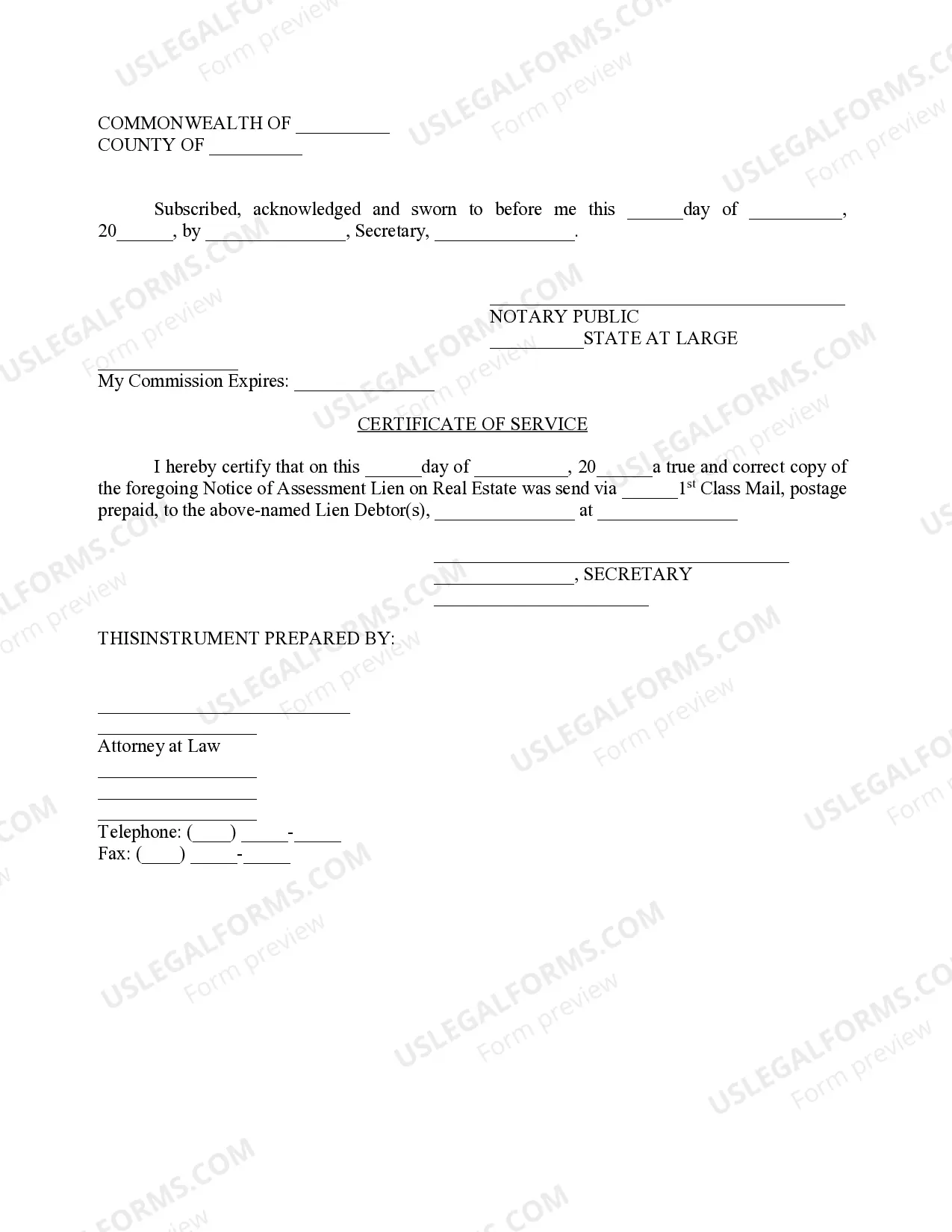 Preview Notice of Assessment Lien on Real Estate