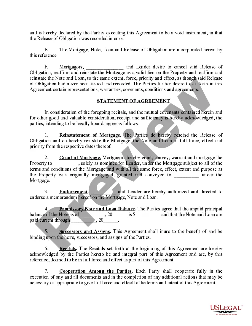 Preview Agreement Canceling Release of Obligation and Reinstating MortgageAnd Promissory Note