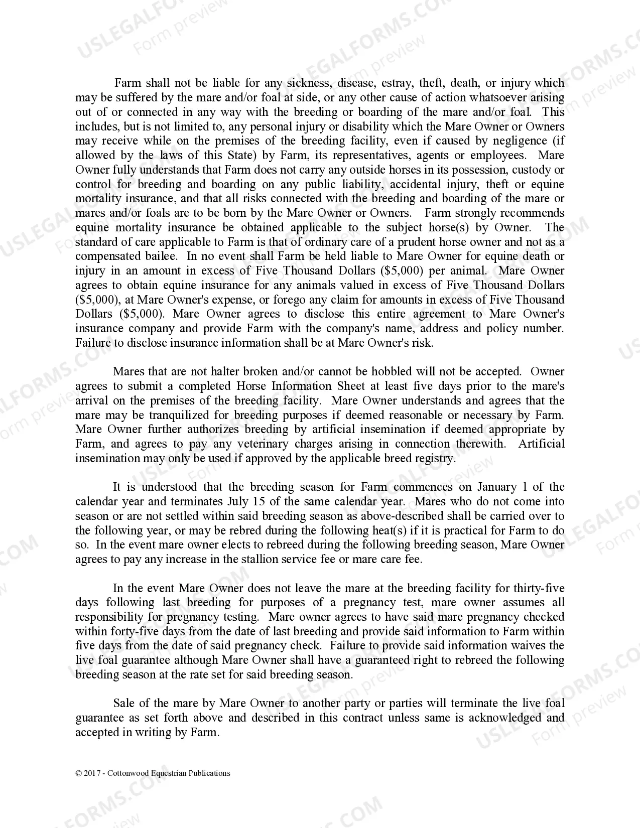 Preview Stallion Service Contract - Horse Equine Forms