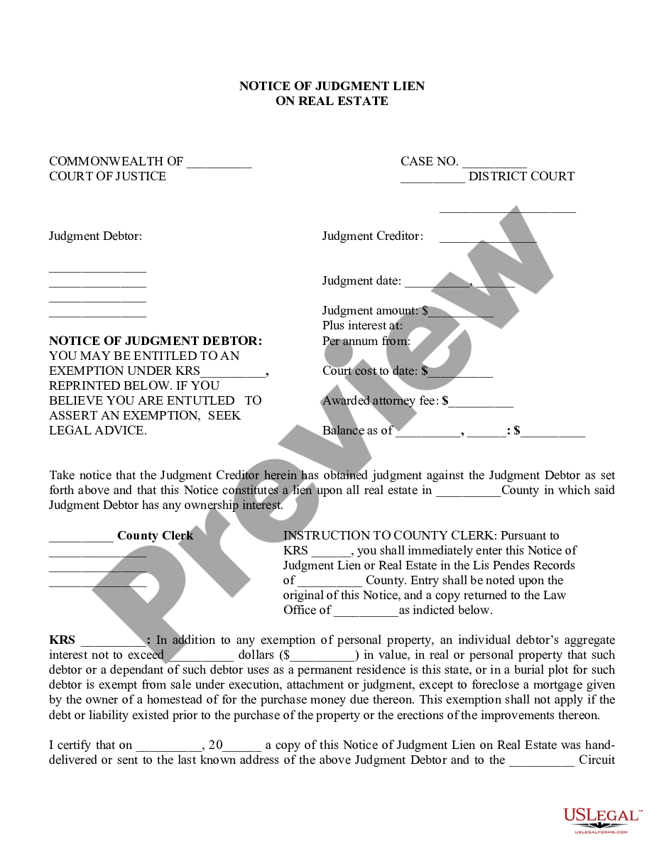 Kentucky Notice Of Judgment Lien On Real Estate Us Legal Forms 4077