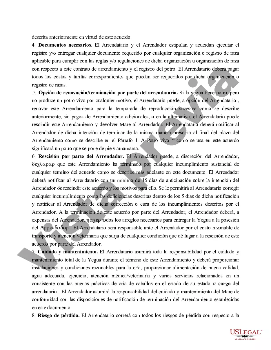 Preview Contrato de arrendamiento de yegua de cría de Kentucky