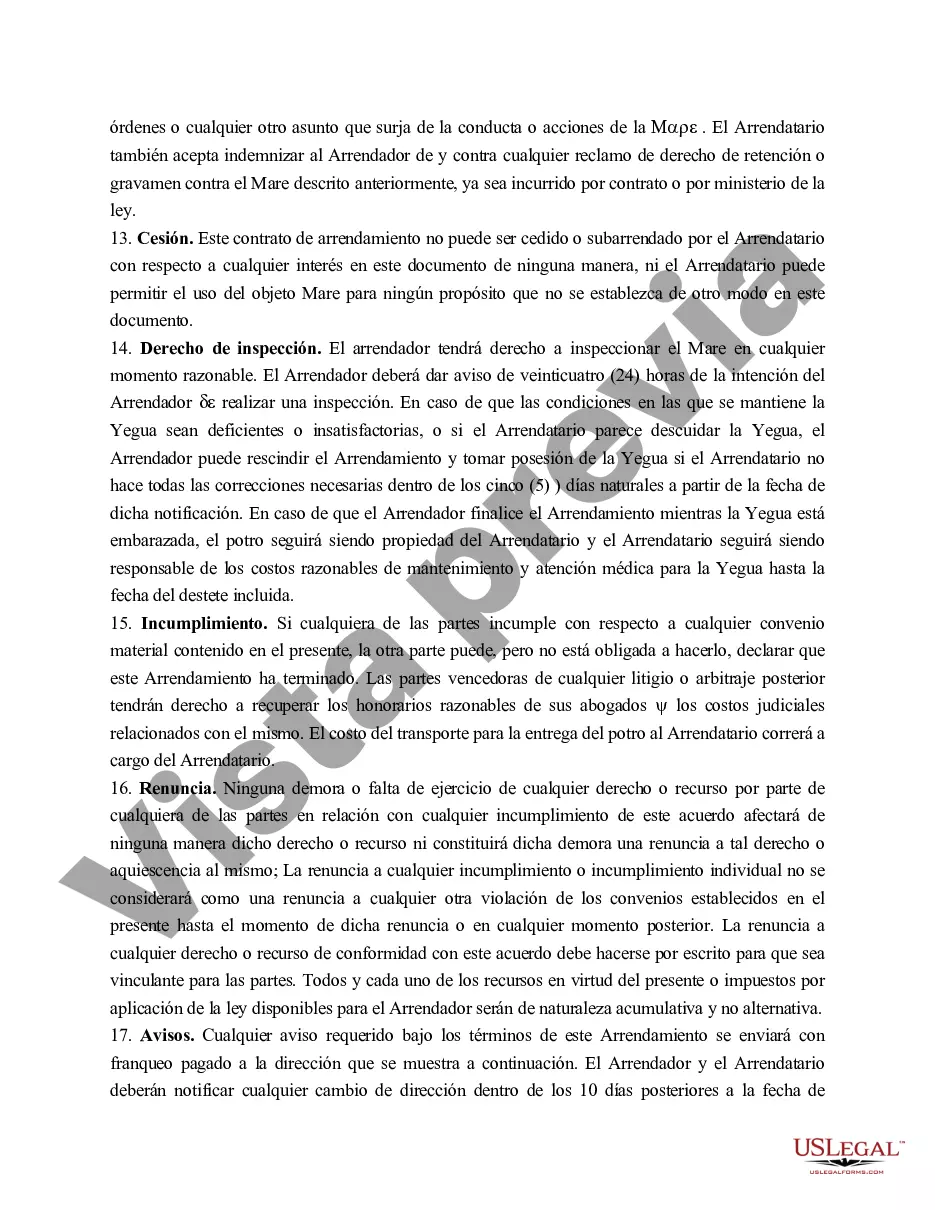 Preview Contrato de arrendamiento de yegua de cría de Kentucky