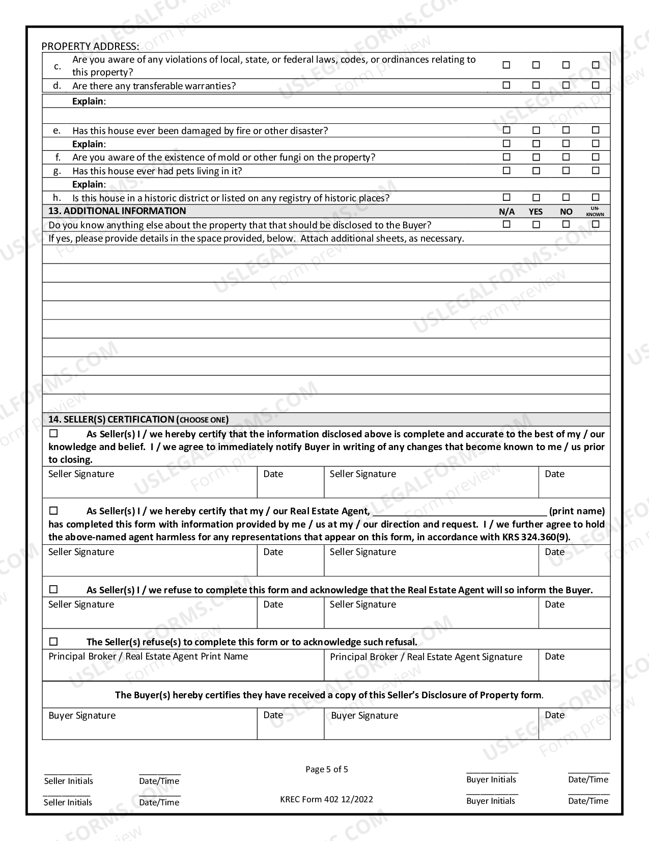 Kentucky Residential Real Estate Sales Disclosure Statement Seller Disclosure Form Kentucky