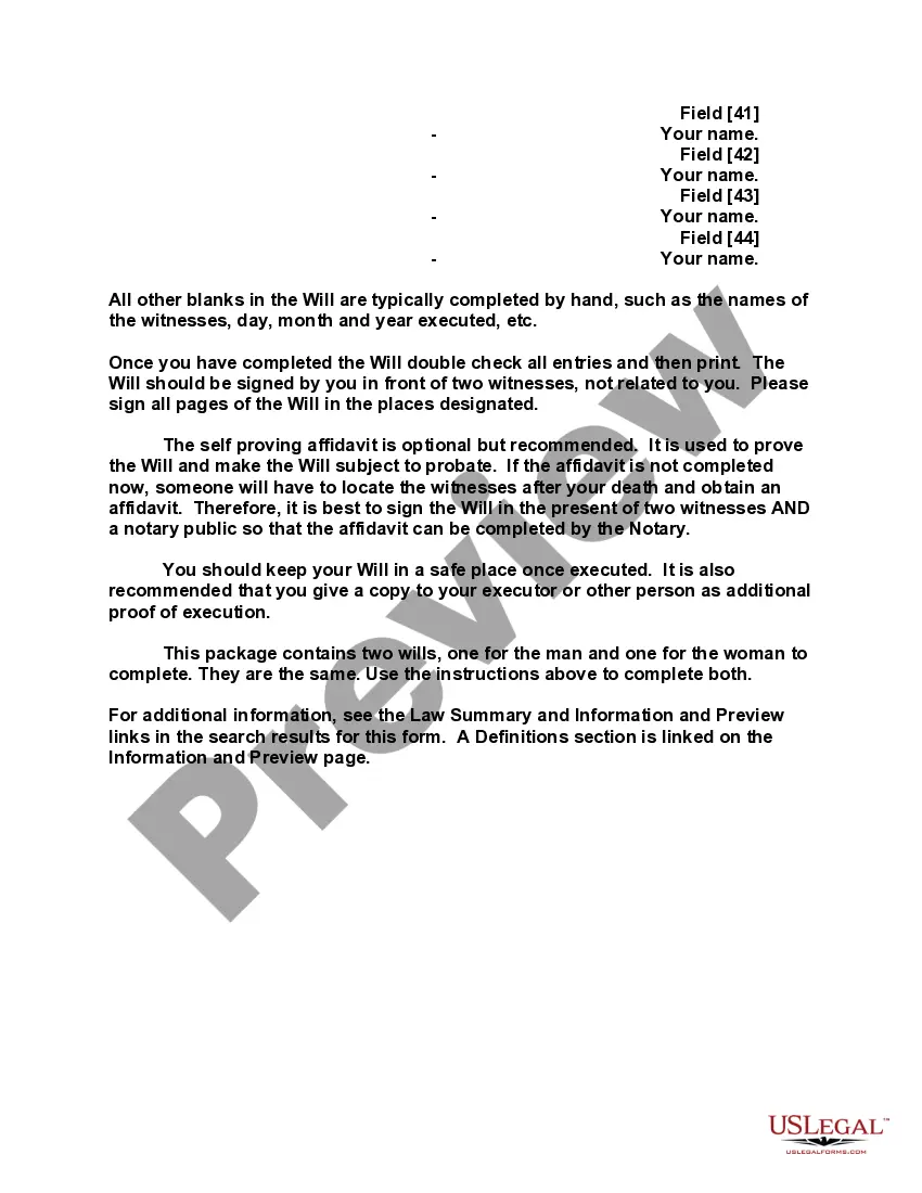 Preview Mutual Wills containing Last Will and Testaments for Man and Woman living together not Married with No Children