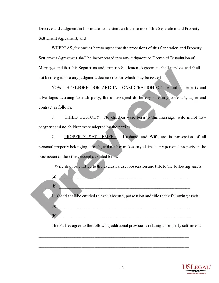 Preview Marital Legal Separation and Property Settlement Agreement no children