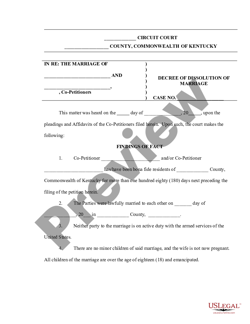 Kentucky Decree Of Dissolution Of Marriage With Adult Children - Ky 