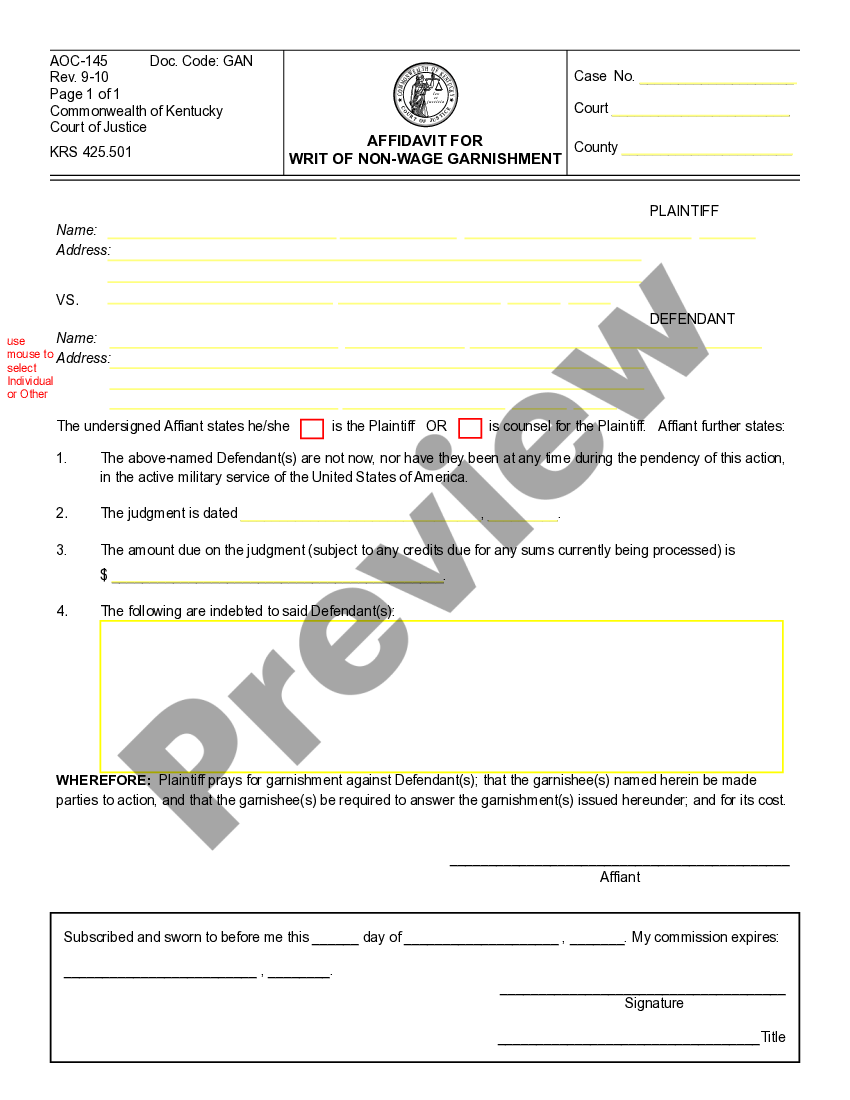 Kentucky Affidavit For Writ Of Non-Wage Garnishment - How To Stop ...